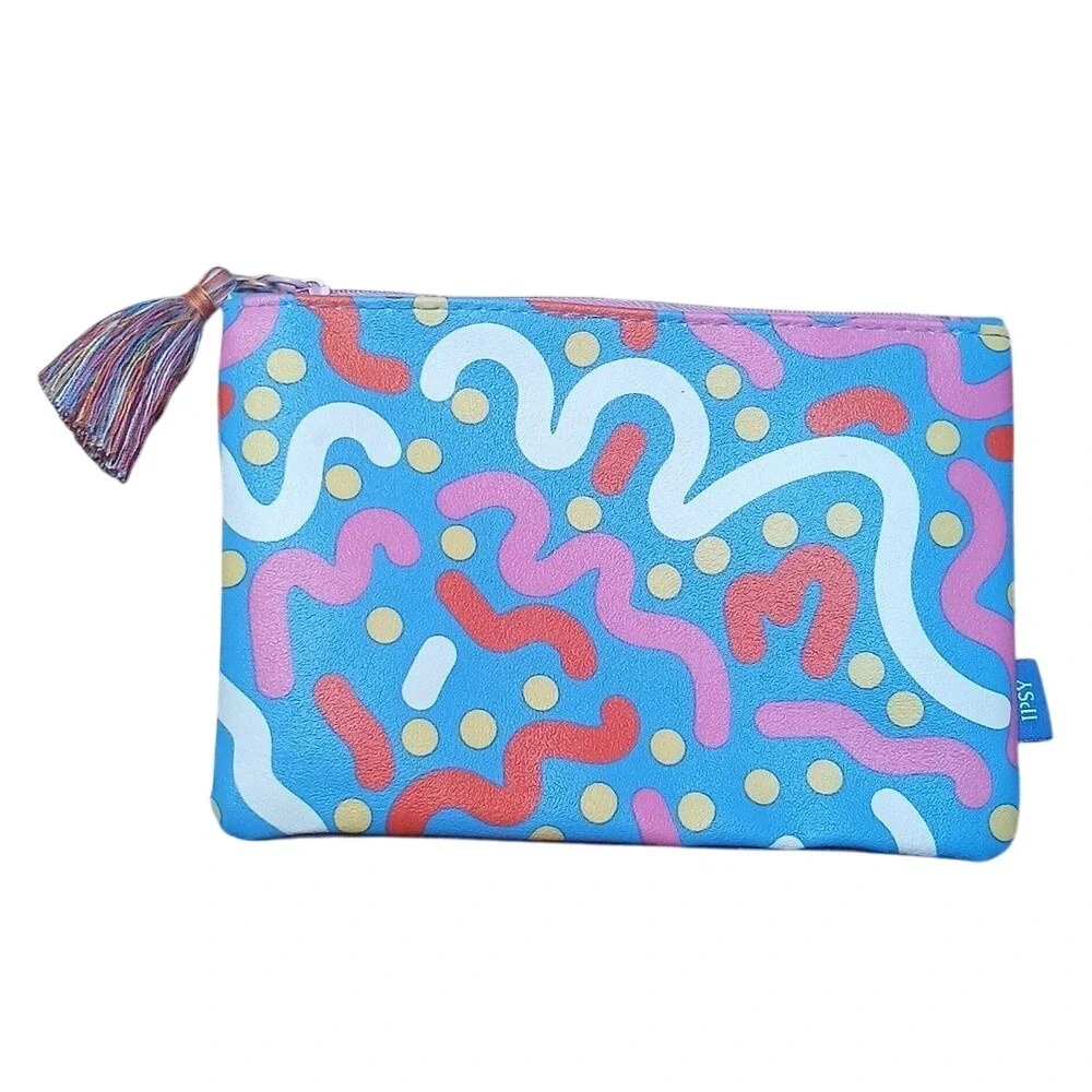 Ipsy Makeup‎ Bag Women Small Blue Pink 80s Memphis Squiggle Tassel Pouch